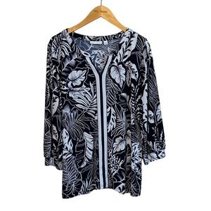 SUSAN GRAVER Liquid Knit XL Dark Navy White Greenery Printed Tunic Top Office